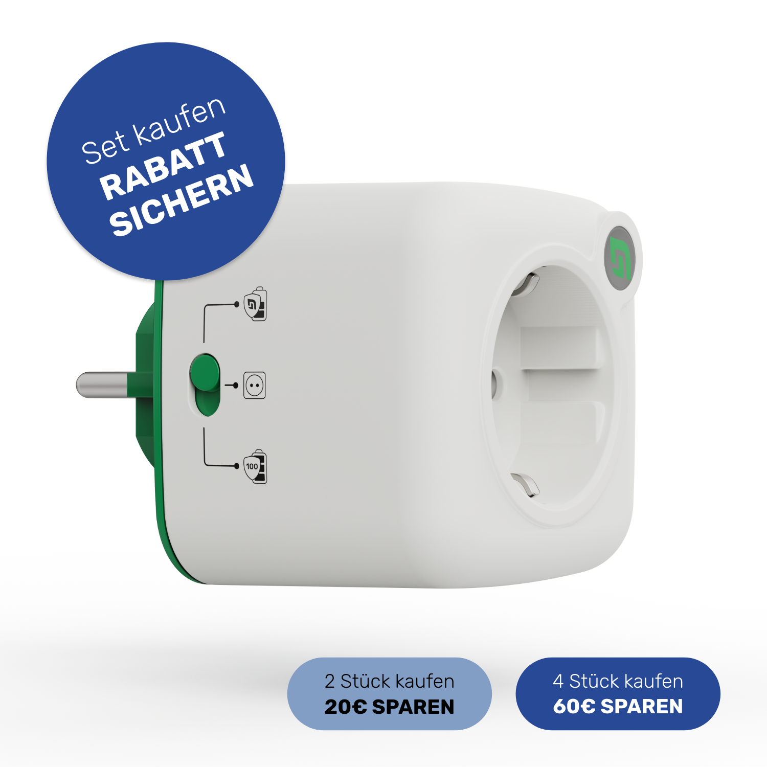 Akku Life Guard Steckdosenadapter mit Schiebeschalter, Set-Angebot mit Rabattaktion: 20 € sparen bei 2 Stück, 60 € sparen bei 4 Stück