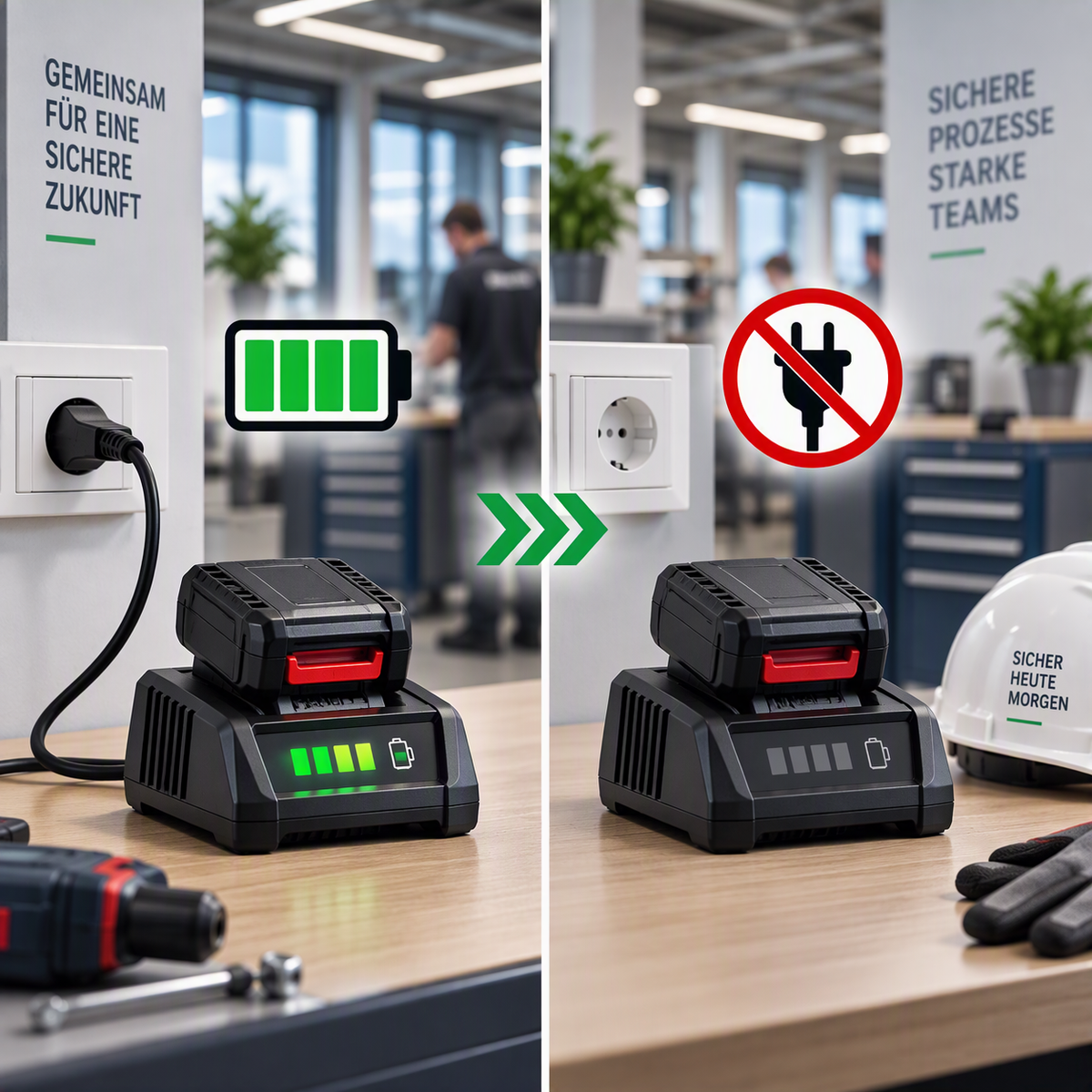 Akkus sicher laden im Unternehmen mit automatischer Netztrennung nach dem Ladevorgang